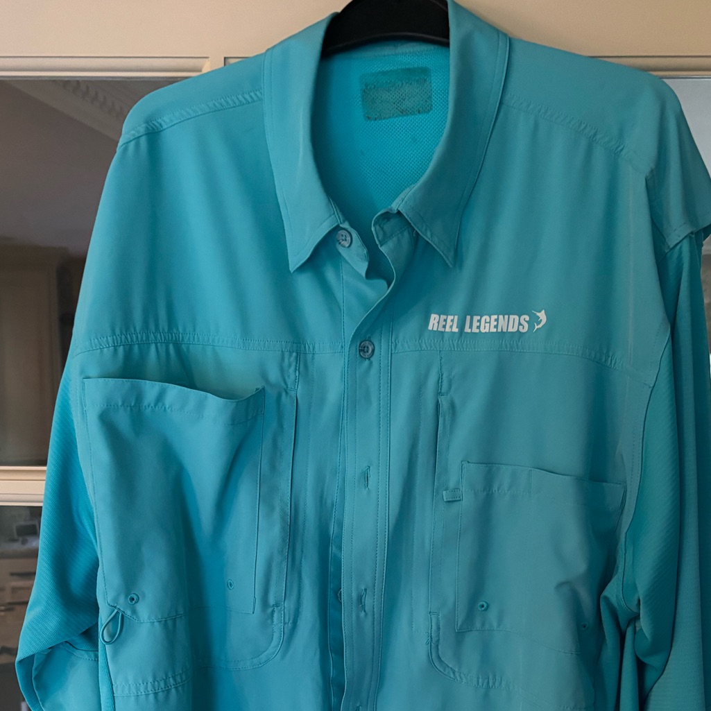 Blue Reel Legends Button Down Fishing Shirt With Multiple Pockets Size Xxl.